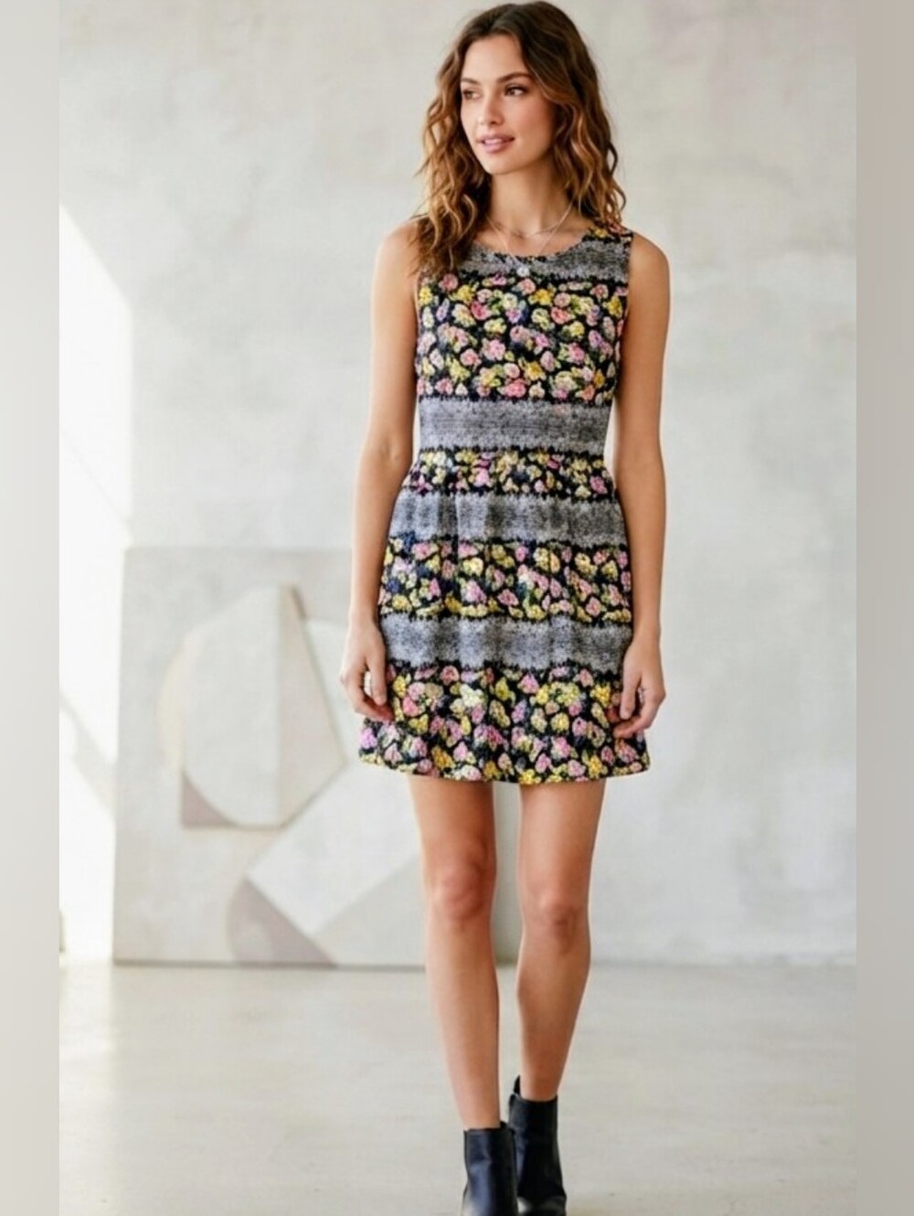 BeBop Black Floral Lace-Stripe Mini Dress Pink Yellow Flowers Skater Medium M